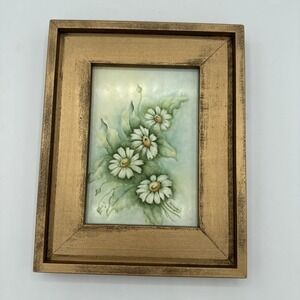 Vtg Wood Framed ceramic tile hand painted Flower Daisies Cottagecore Signed Gran